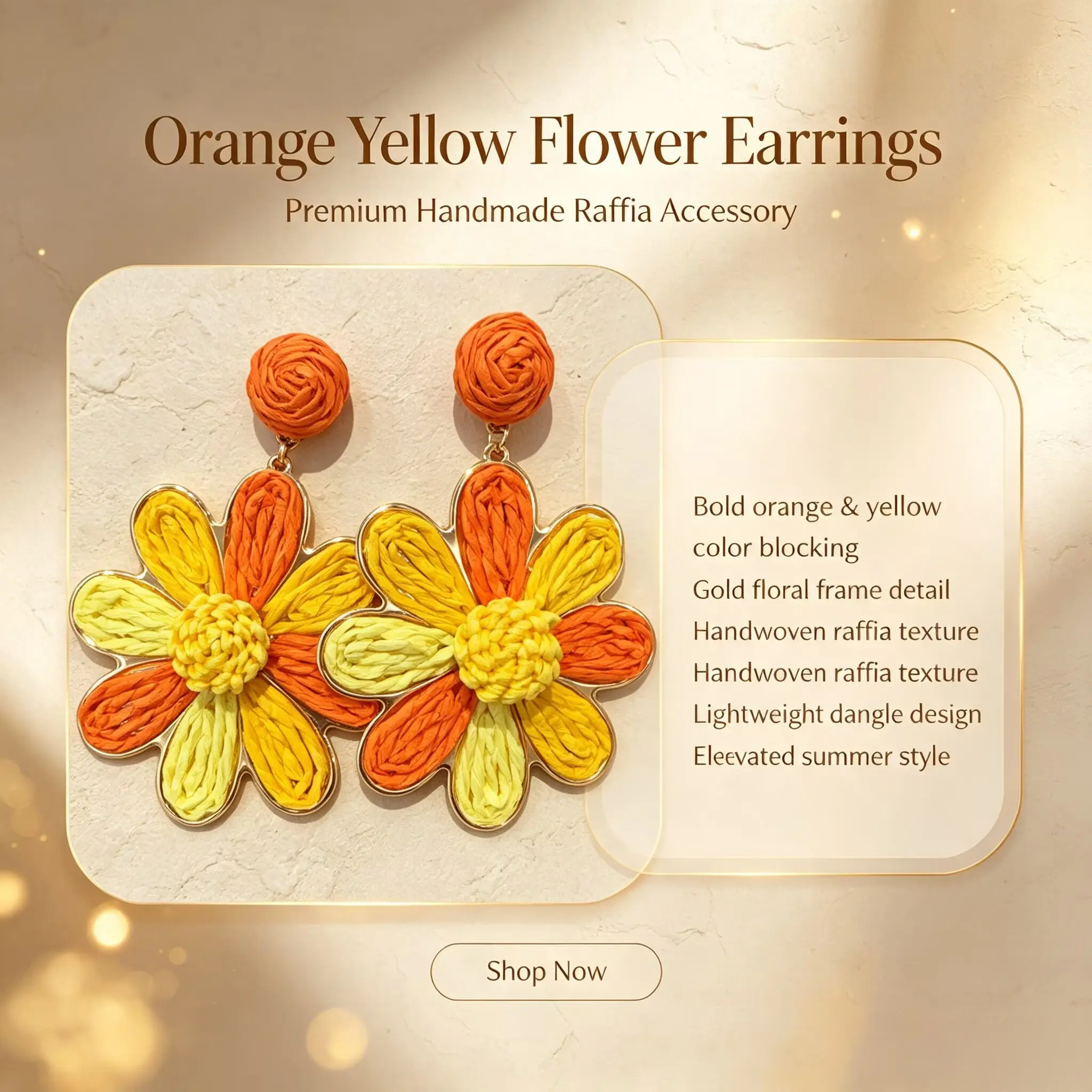 Orange Yellow Flower Earrings Premium Handmade Raffia Accessory Bold Color Blocking Gold Floral Frame Handwoven Texture Lightweight Dangle Elevated Summer Style