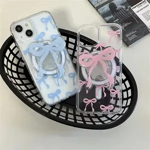 Cute Pink Blue Bowknot For Magsafe Magnetic Phone Griptok Grip Tok Stand For iPhone Foldable Wireless Charging Case Holder Ring