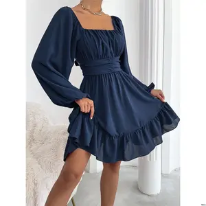 Hem Ruffle Back ChicEase tiktok Knot Lantern Sleeve Milkmaid Dress