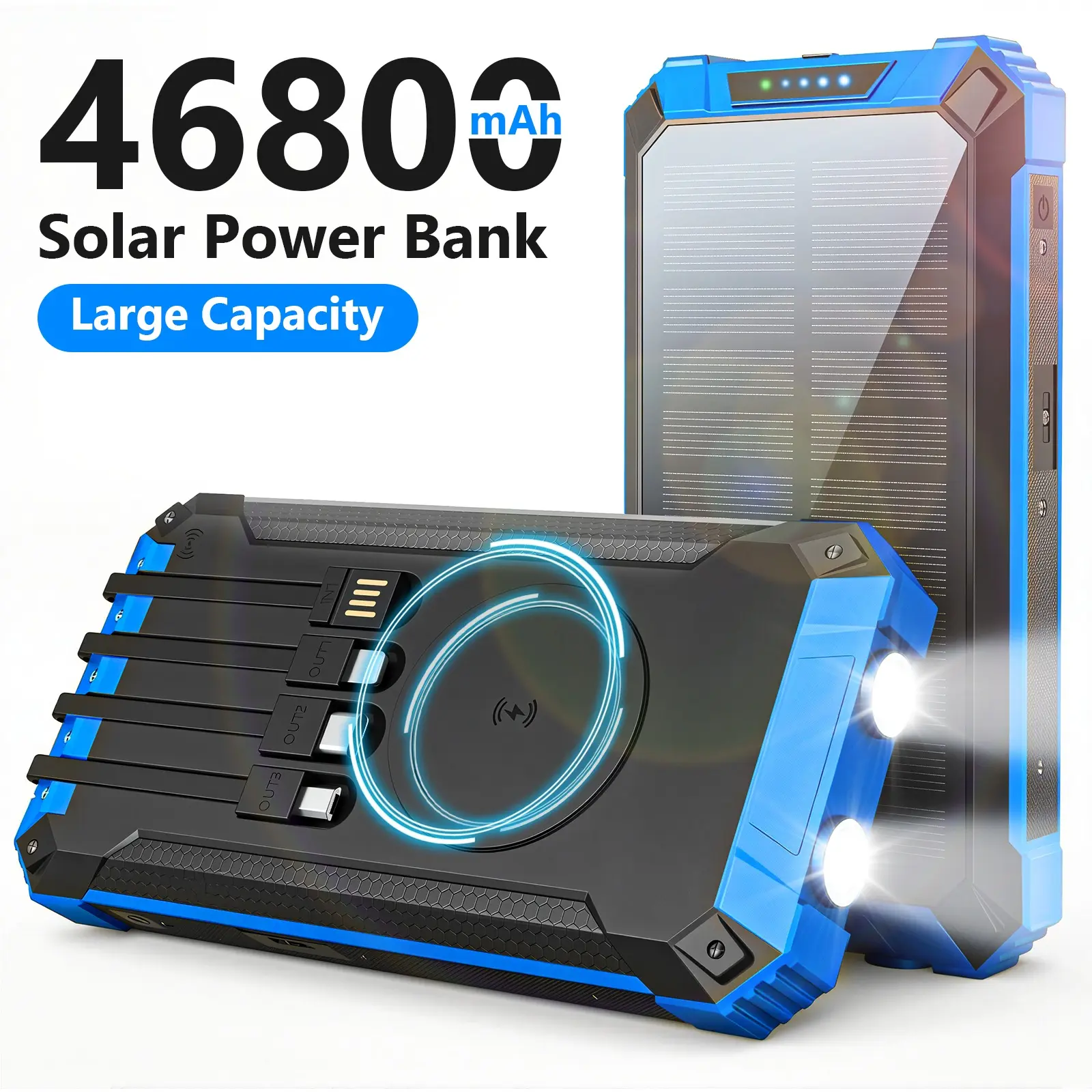 Durable 46800mAh Solar Charger Battery Power Bank, 6 Outputs, Wireless Charging, Dual Lights, USB Type-C, 4 Built-in Cables for Mobile Devices, Emergency Prep Phone & Electronics Accessories, Sun, Lithium