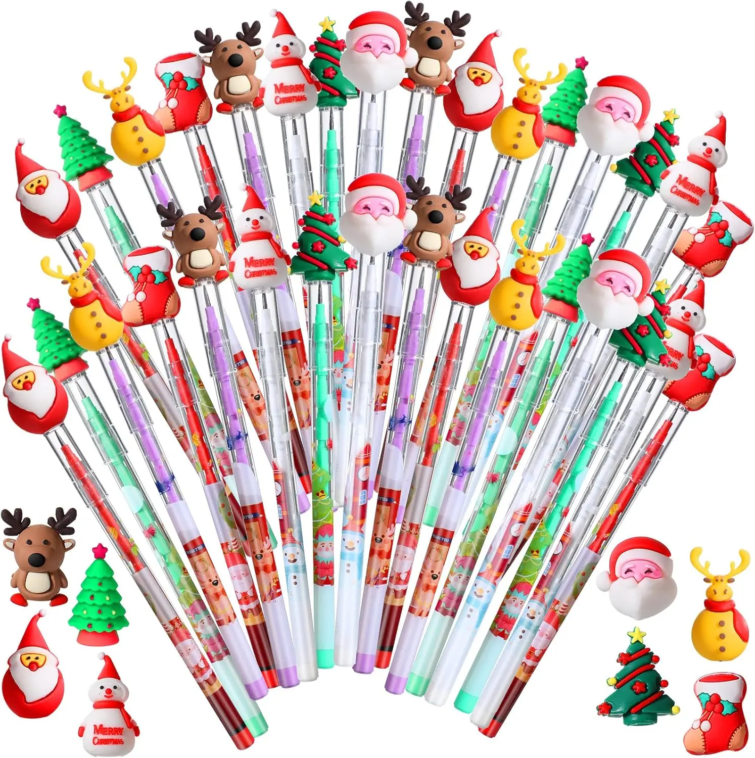 Bulk Christmas Cartoon Character Pencils, Multi-Point Stackable Push Pencils with Toppers, Office Stationery for Kids Classroom Rewards, Christmas Stocking Stuffers
