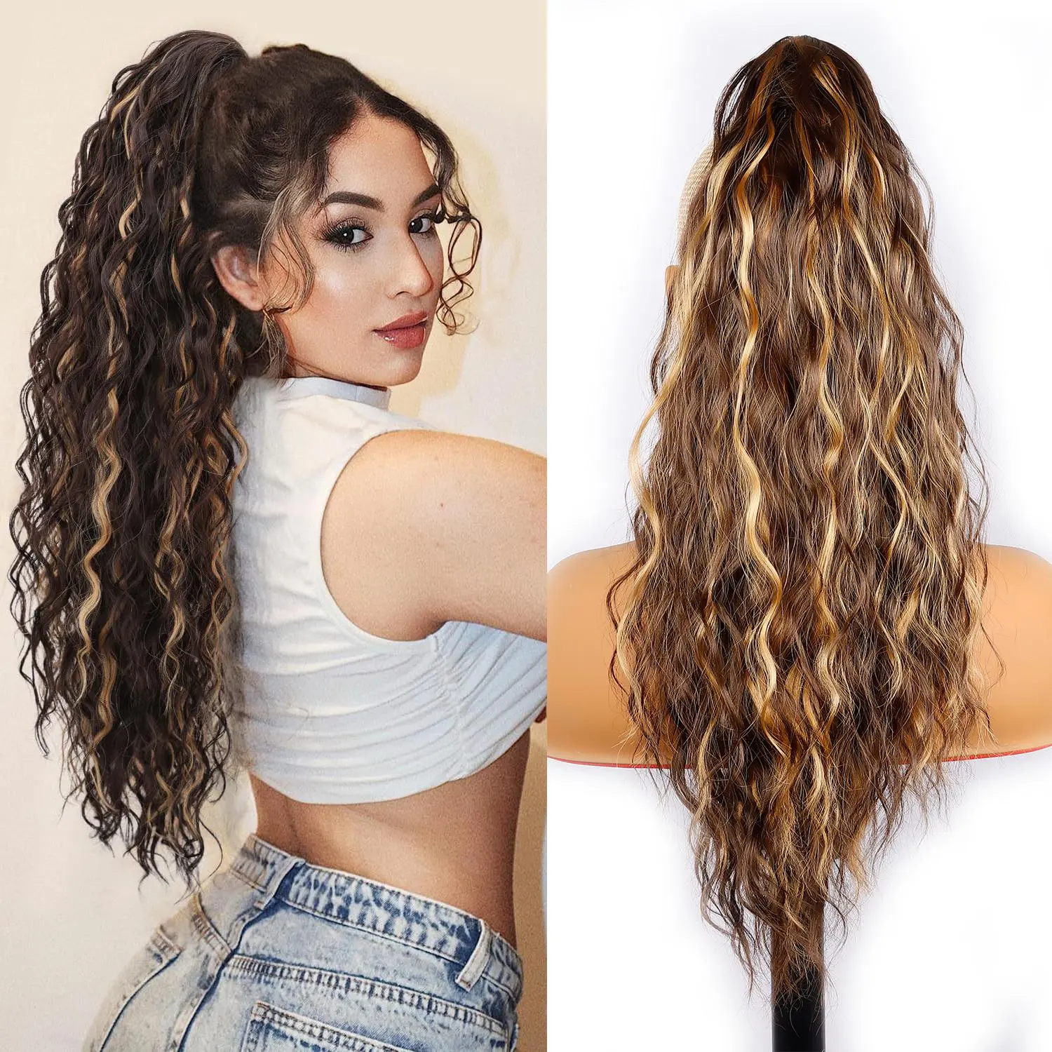 Curly Wavy Ponytail Extension 18 Inch Long Pony Tail Claw Clip Hair Extensions Fluffy Natural Looking Hair Piece Synthetic Hairpiece for Women Girls Party Daily Use Brown with Blonde Highlights Wave Wig Clip Hair Extensions