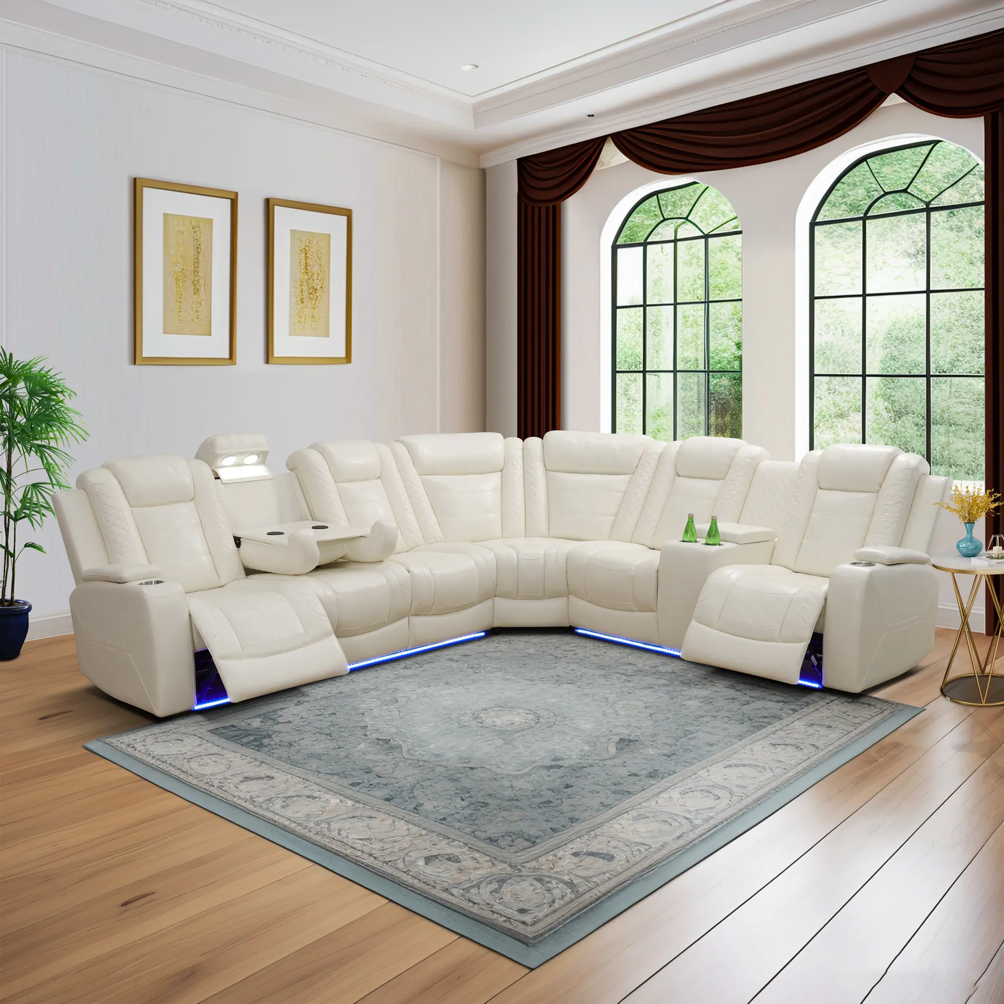 Summervibes Off-White Breathable Leather 3-Piece L-Shaped Sectional Recliner Sofa Set, Living Room Seater with LED Lighting, Storage Console for Modern Elegance & Comfort, Ideal for Living Room Decor