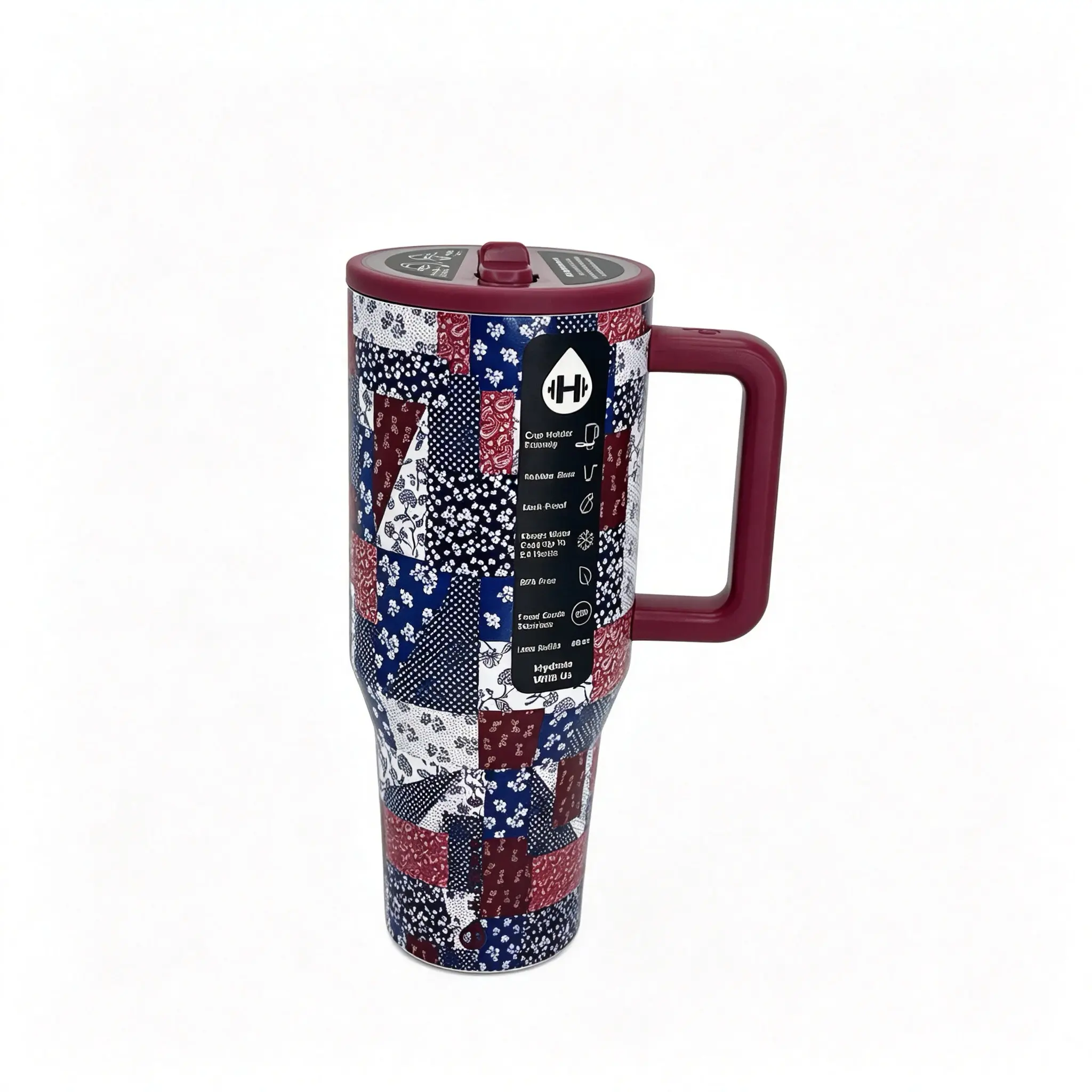 HydroJug 40oz Insulated Stainless Steel Vacuum Flask - Portable Daily Carry Tumbler, Vintage Patchwork Floral Design, Straw Included, Car Cup Holder-Fit, 7-12 Hours Temperature Retention, Sports Essential, Ideal Gift for Adults