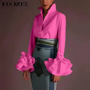UOOZEE Women's Fitted Minimalist Basic Long Sleeve Cotton-Polyester Button-Down Blouse - Casual Lady's Suit Top with Lapel Collar, Flared Sleeves, Bow Decoration, Solid Color, Women's Clothes