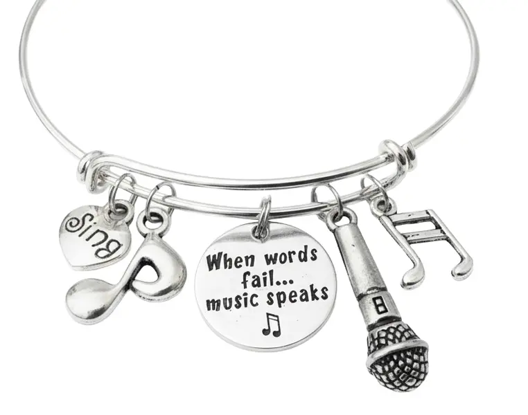 When Words Fail Music Speaks Bracelet | Music Notes & Microphone Charm Bangle | Musician Gift