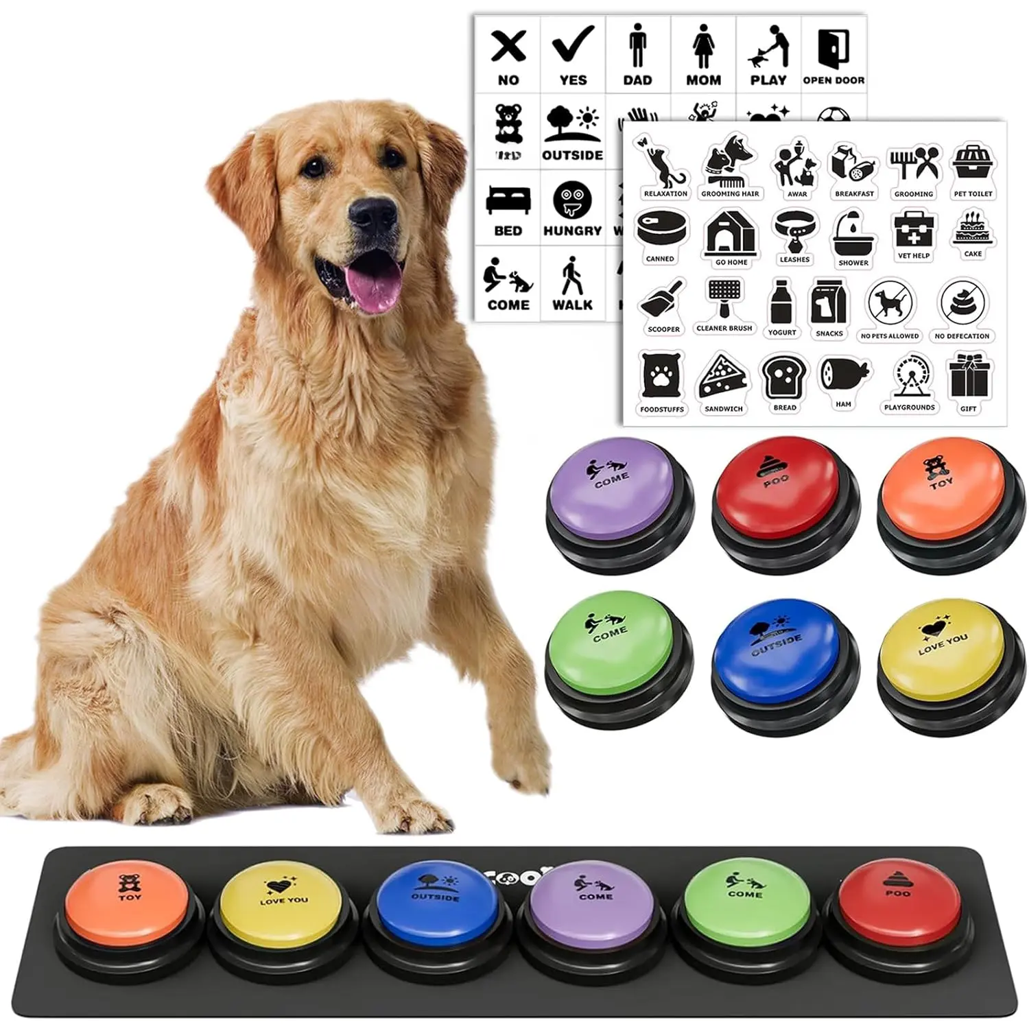 6 count  Talk Buttons,  Buttons for Communication with Non-Slip Mat, 30s Recordable Voice Commands To  Pet,  Talking Buttons Starter Set with 48 Scene Stickers Suitable for Easy