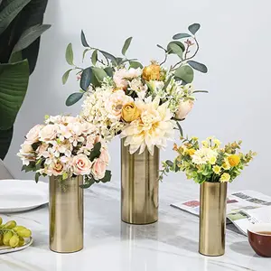 Modern Metal Flower Vase Set of 3, Tall Brass Tone Cylinder Centerpiece Flower Vases