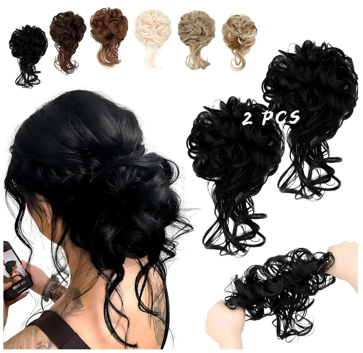 Vigorous 2 Pack Messy Bun Hair Pieces, Wavy Curly Hair Wrap Ponytail Scrunchies, Tousled Updo Hair Extensions for Women Daily Wedding Party