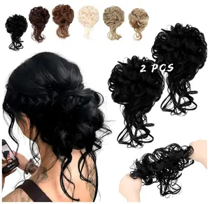 Vigorous 2 Pack Messy Bun Hair Pieces, Wavy Curly Hair Wrap Ponytail Scrunchies, Tousled Updo Hair Extensions for Women Daily Wedding Party