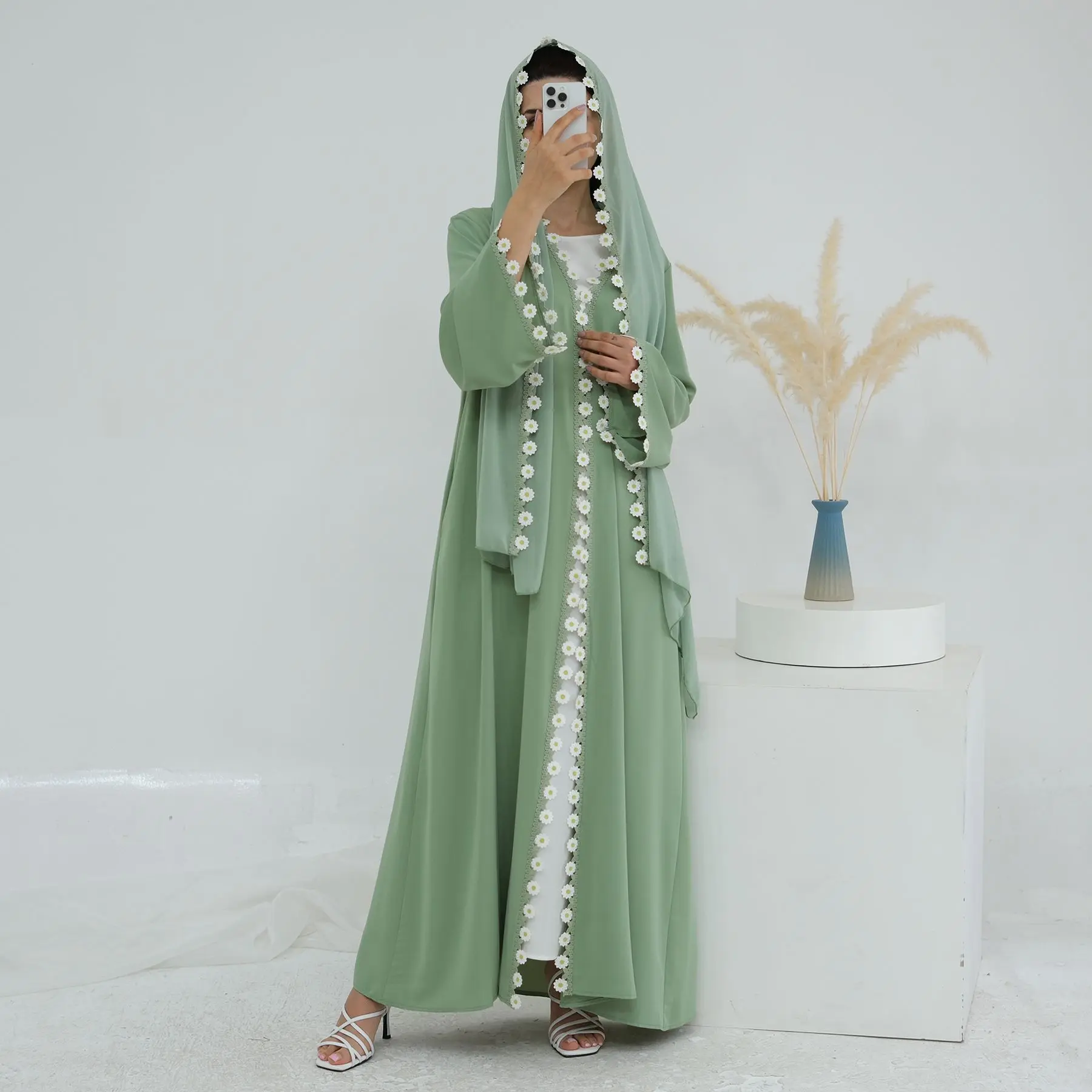 Women's Sage Green Open Front Abaya with Daisy Trim - Twin Garb Exclusive Maxi, Floral Embellished, Casual, Abayas for Eid, Matching Hijab, Streamlined Wardrobe Addition