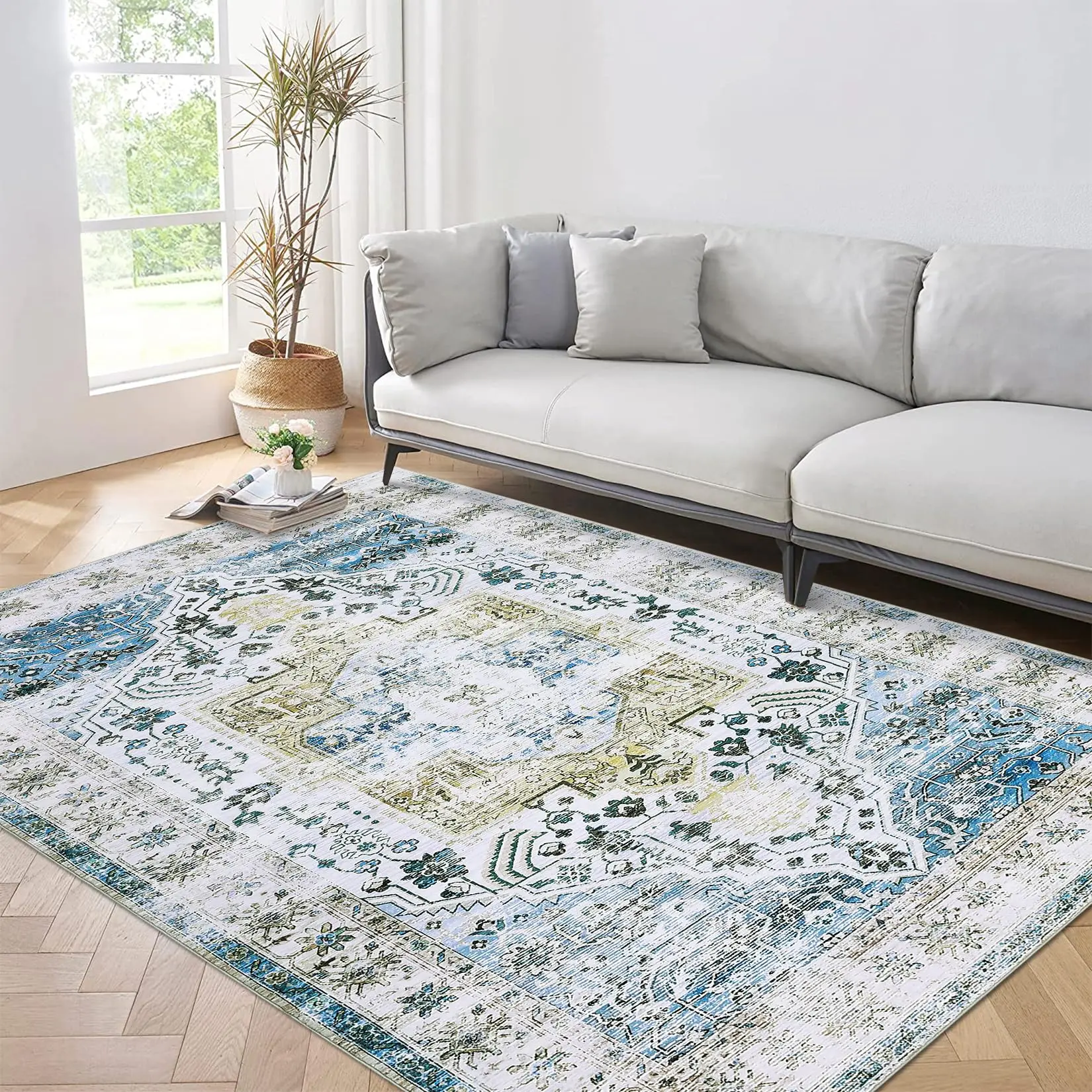【GARVEE】Washable Rugs in Various Sizes and Vintage Designs Featuring Low Pile, Non-Slip Backing, Stain Resistance, and Ultra-Thin Soft Texture for Indoor Use in Living Rooms, Bedrooms, Dining Rooms, and Hallways