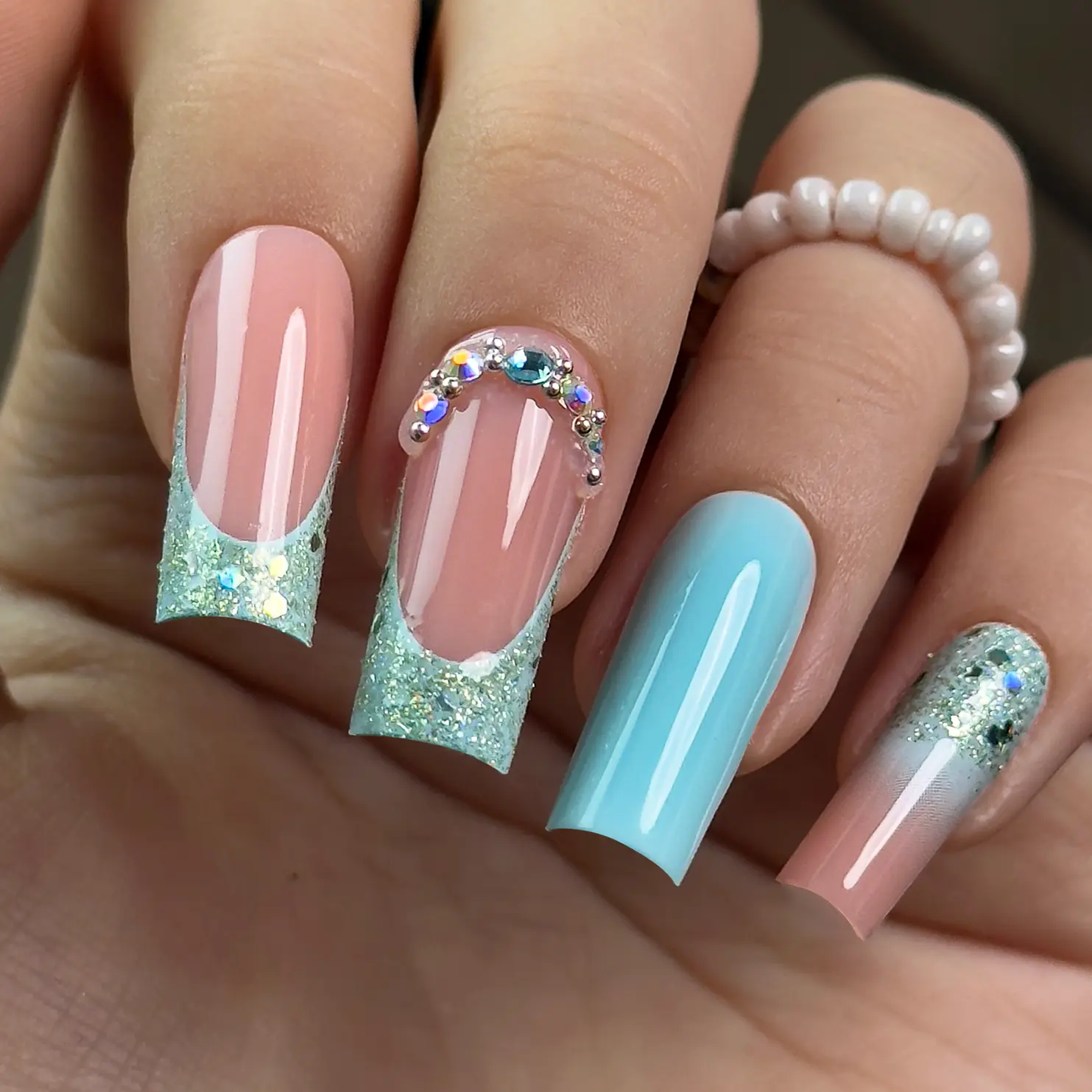 Blue French Tip Press On Nails | CurvLife Nail | 30pcs Medium Square Fake Nails | Crystal Glitter Accent Design | Easy Apply, Comfortable & Durable | Daily, Business & Party Nail Art
