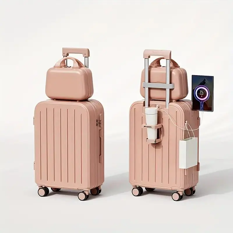 NLDD 20" 2-Piece Hardshell Luggage Set with Cabin Bag, Elegant & Durable Suitcases, 4 Wheels 360 Rotation, USB Port, Cup Holder, Combination Lock, Hook Foot, 4 Modern Colors