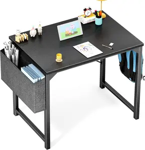 Small Computer Desk - 32 Inch Home Office Work, Study, or Writing Table. Modern Black Wood Desk with Storage Bag and Headphone Hooks