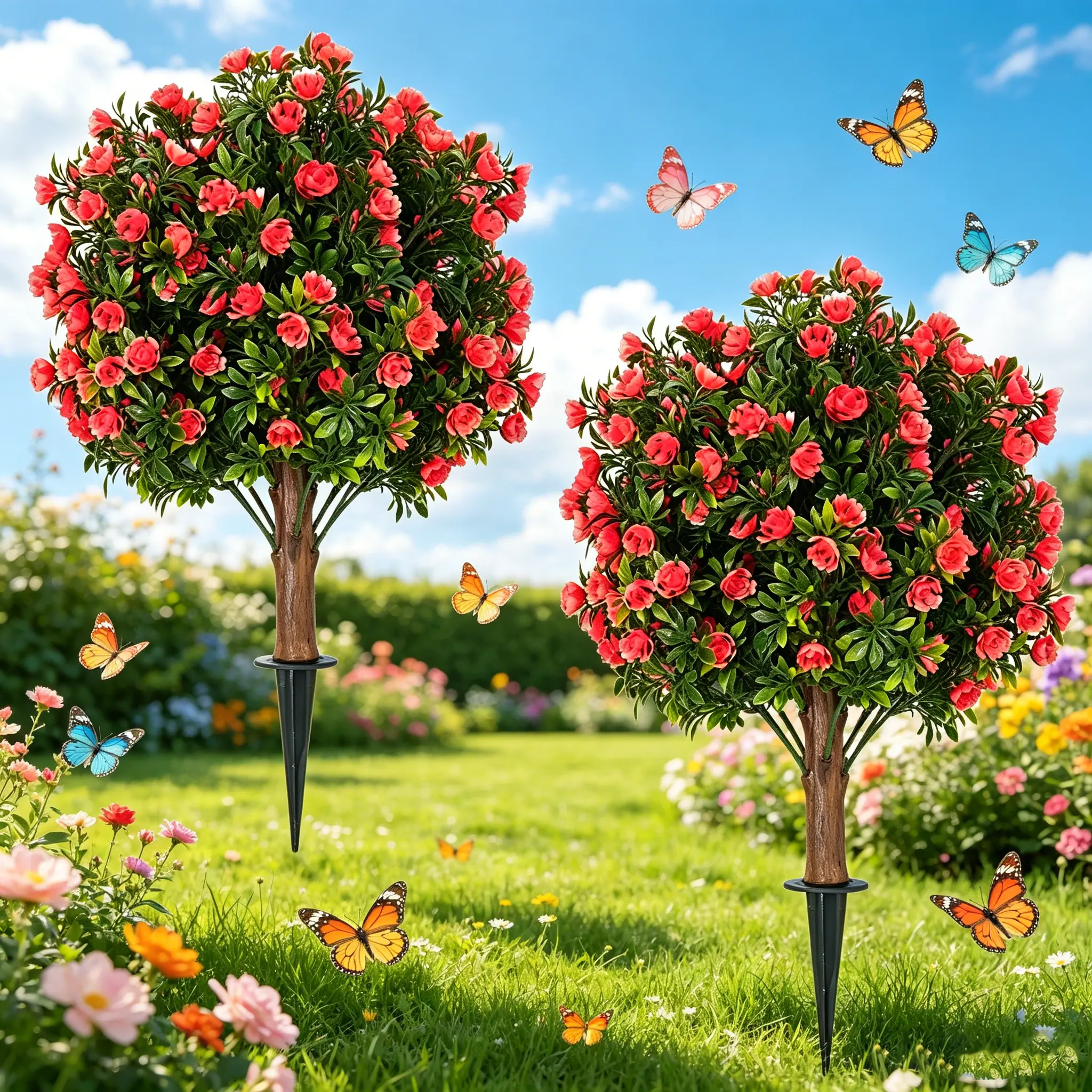 2FT Artificial Round Camellia Green Tree Planting (2pcs), With Ground Stakes, Artificial Rose Shrubs, Outdoor Anti-UV, Maintenance-free, Artificial Shrubs, Used For Garden Courtyard Front Porch Decoration.
