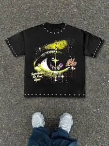 Unisex Casual Short Sleeve T-Shirt, Bulging Eye Print + Stud Design Round Neck, Fashionable Summer Top for Men and Women