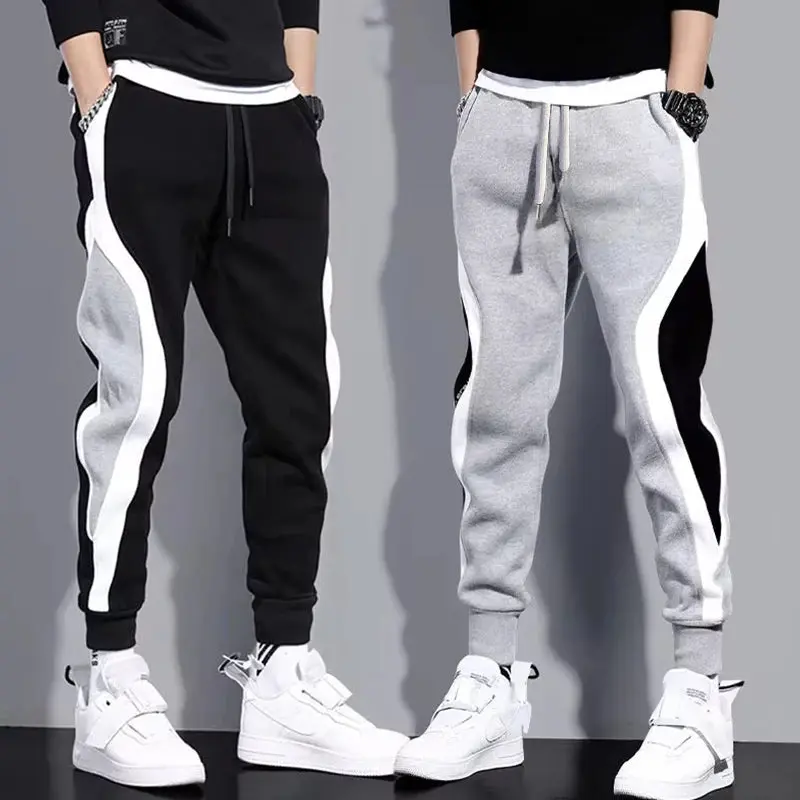 Autumn Men's Wide Loose Casual Pants Mens Patchwork Nine-point Sports  Elastic Rope Breathable Tie-foot Trousers