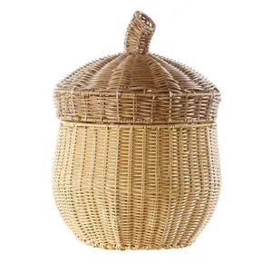 Kaplan Early Learning Acorn Washable Wicker Floor Basket with Lid| Home Decor Organizer | Nature-Inspired Woven Rattan Storage Bin