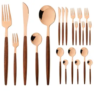20 Pieces Copper Stainless Steel Cutlery Set Wooden Handle Flatware Set Knife Fork Spoon, Service for 4