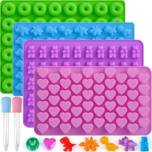 4Pcs Silicone Gummy Candy Molds with 2Pcs Droppers,Mini Non-Stick Silicone Baking Molds Including Dinosaur Bear Hearts and Donut Gummie Chocolate Mold Party Christmas Favor Fruit Reusable