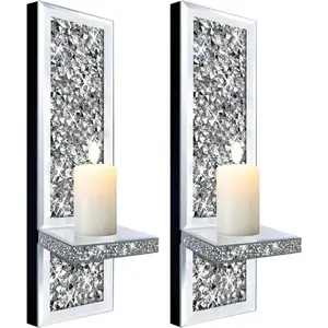 Set of 2 Crystal Crush Diamond Candle Sconces Gorgeous Silver Mirrored Wall Sconce Candle Holder Glass Wall Decorations for Home Décor Living Room Dining Room