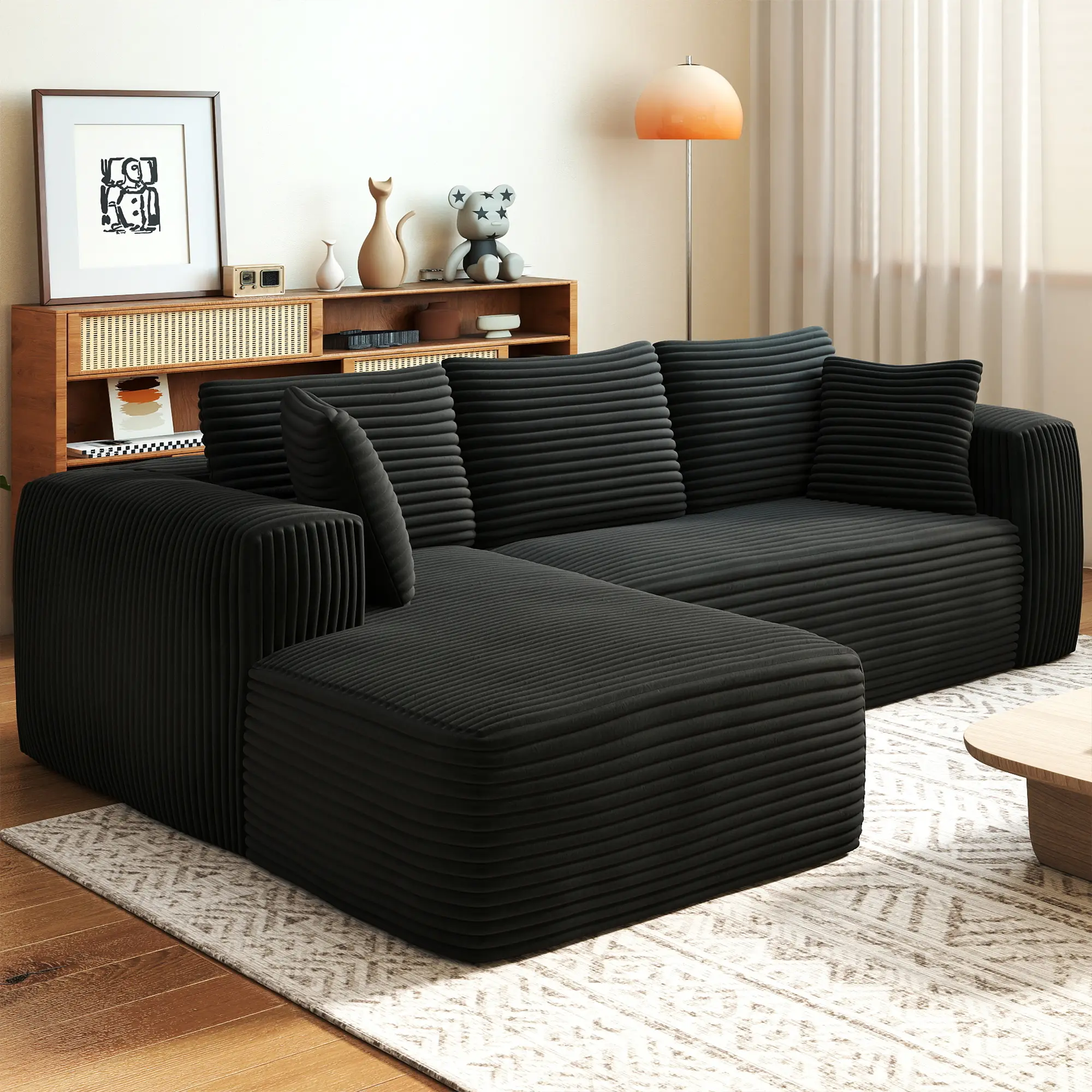 Plush Corduroy Cloud Velvet Modular Boneless Couch with Chaise L Sectional Sofa Set 3 Seater, No Assembly Required for Apartments Small Spaces Cozy Corners, extra-wide seat summerwins Black Transitional Sofa, Modern Upholstered Sofa