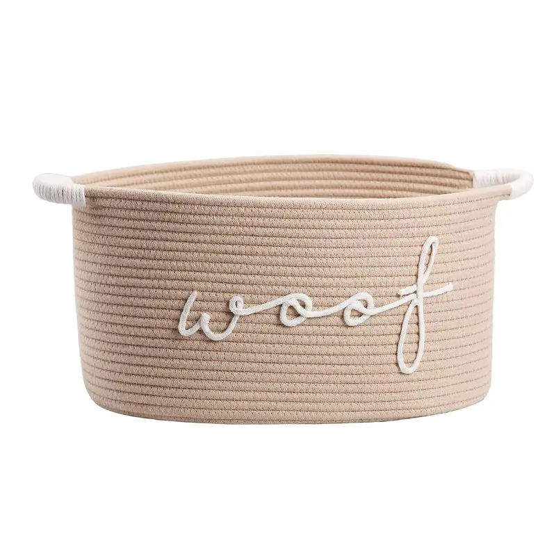 Minimalist Pet-Specific Cotton Rope Storage Basket - 16.5x11.4" Oval, Navy Blue Handle, 'Woof Woof' Embroidered, Stackable Foldable Toy/Blanket Organizer, Ideal Pet Gift