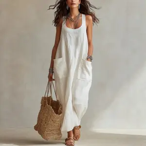 Clean Deep U Neck Sleeveless Pocket Linen Maxi Dress, Oversized Crinkled Loose A-Line Floor Skirt, For Weekend Coastal Beach Café Resort Casual Gathering, Versatile Minimal Airy Neutral Boho Summer Daily Wear