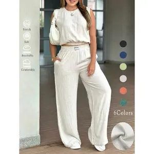 Women'S 2-Piece Solid Color Tank Top & Wide Leg Pants Set, Matching Casual Fashion Breathable Elastic Outfit For Daily Outdoor Wear, Ladies Clothes For Summer,summervibes