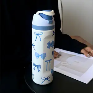 Bow Pattern Stainless Steel Vacuum Flask Thermal Flask, 1 Count Portable Insulated Water Bottle Tumbler with Straw, Summer Cool Bottle Drinking Cup for Home Office School Outdoor Camping, Drinkware