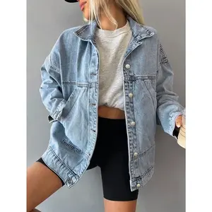 Women's Washed Light Blue Loose Denim Jacket, Loose-fit Lapel Casual Long Sleeve Denim Jacket With Large Pockets, Suitable For Spring, Autumn And WinterRAIMENTRY