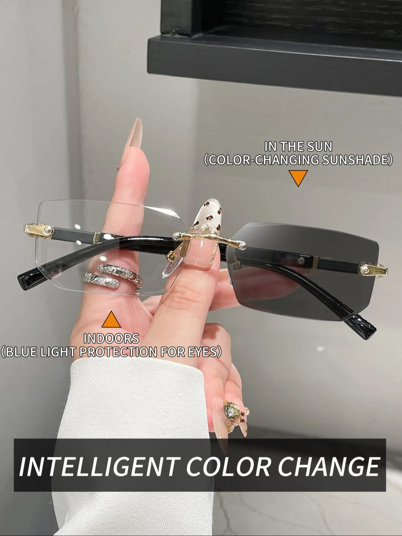 Unisex Frameless Photochromic Sunglasses, Retro Metal Design, Ideal for Daily Use, TV Watching, Gaming, Halloween Decoration, Fashionable Sunglasses, Stylish Sunglasses, Color Changing Glasses, Metal Rimless Sunglasses