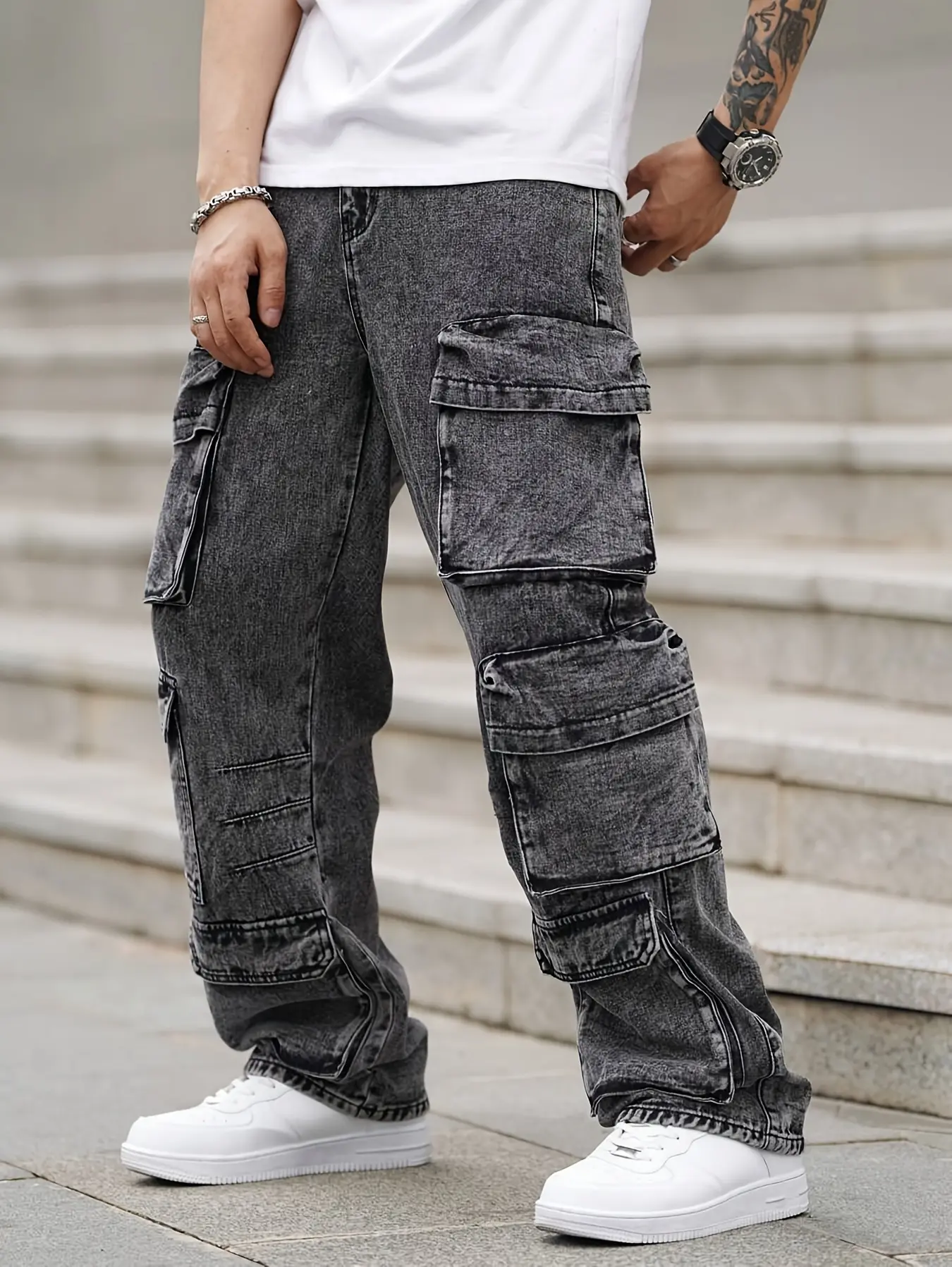Menswear Men's Cargo Jeans with Multiple Pockets Cotton Blend Casual Style Four Seasons Wear for Everyday Wear