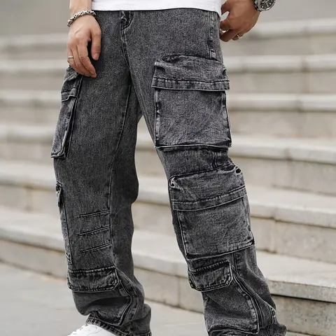 Men's Cargo Jeans - Cotton-Rayon Blend Plain Pocket Design Cargo Pants, Loose-Fitting, Multiple Pockets for Handsfree Use, All-Season Everyday Casual Menswear Bottoms