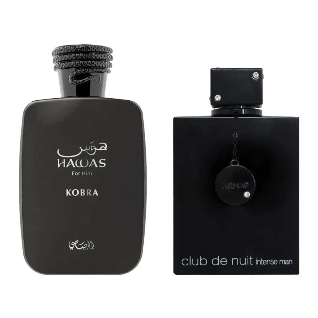 Rasasi 2-Piece EDP Perfume Spray Bundle (CLUB DE NUIT INTENSE & Hawas Kobra), Luxurious Intense Blackcurrant Longlasting Scent Men's Fragrance, Aromatic Citrusy Bold Evening Wear Spray, Luxurious Men's Fragrance