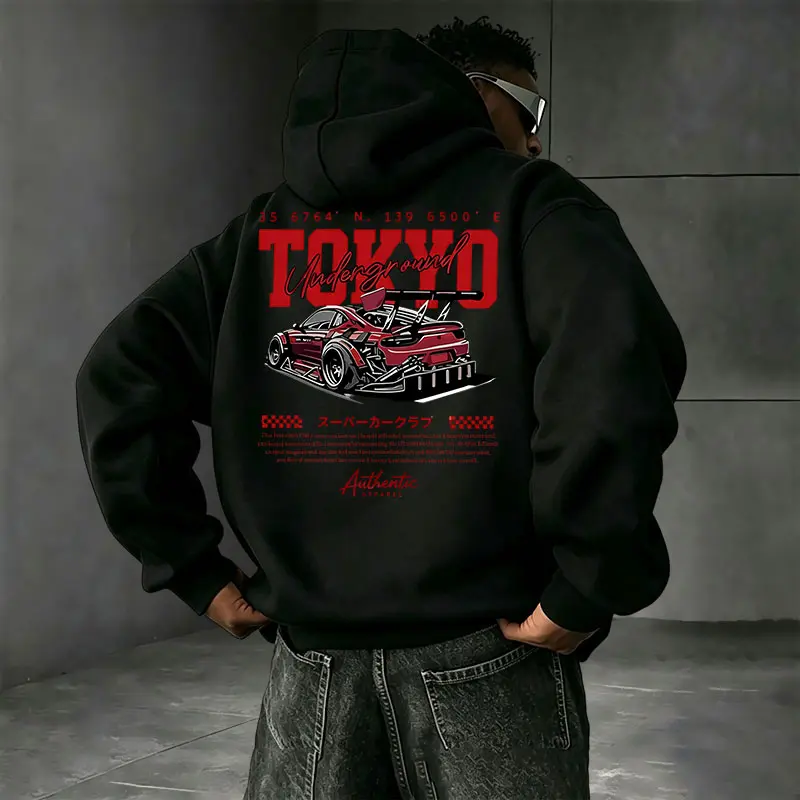 Unisex Underground Racing Print Hooded Sweatshirt, American Street Racing Graphic, Loose Pullover Hoodie for Men and Women, Retro Casual Top