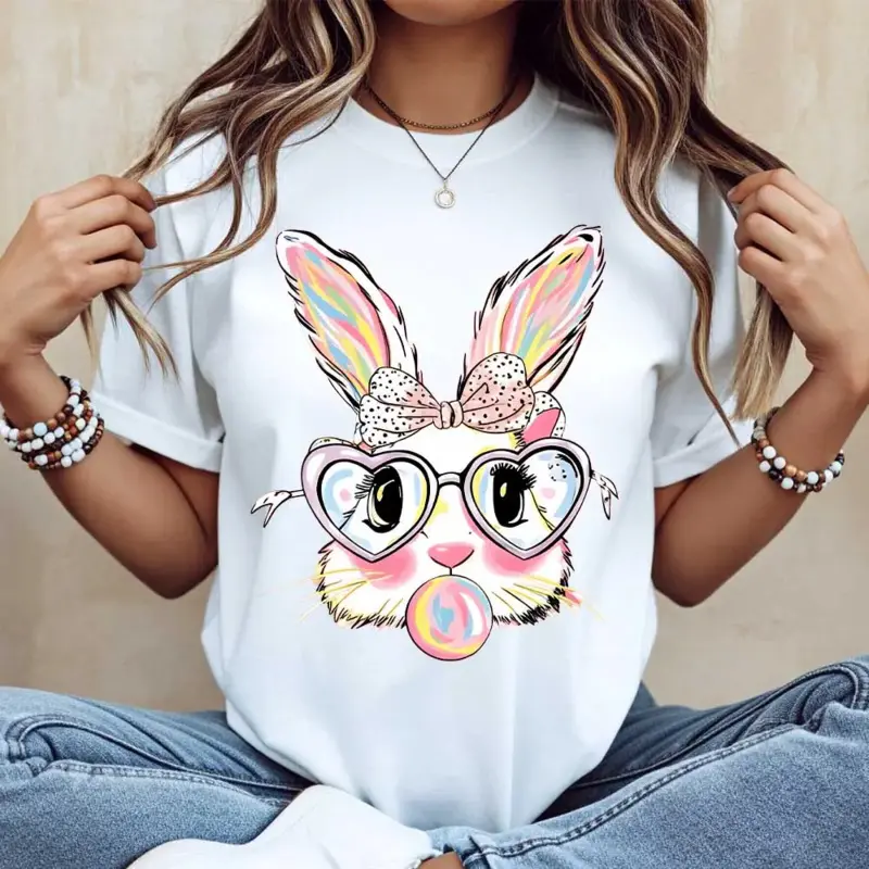 Women's Easter Graphic T-Shirt - Casual Short-Sleeve Crew Neck Top with a Cute Pastel Bunny Print, Sporty Chic Holiday Wear, Women's Clothes, Cartoon, Glasses, Round Neck, Juneteenth Remembering My Ancestors, Shortsleeve, Cute Tops For Women