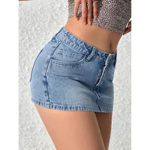 Women Casual Pocketed Bodycon Short Denim Mini Skirt Fabric Fit
