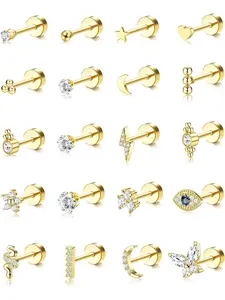 20Pcs Hypoallergenic Studs for Women - 20G Helix Cartilage Earrings, Steel, Flat Back, Star Moon Snake Butterfly Designs - Gold