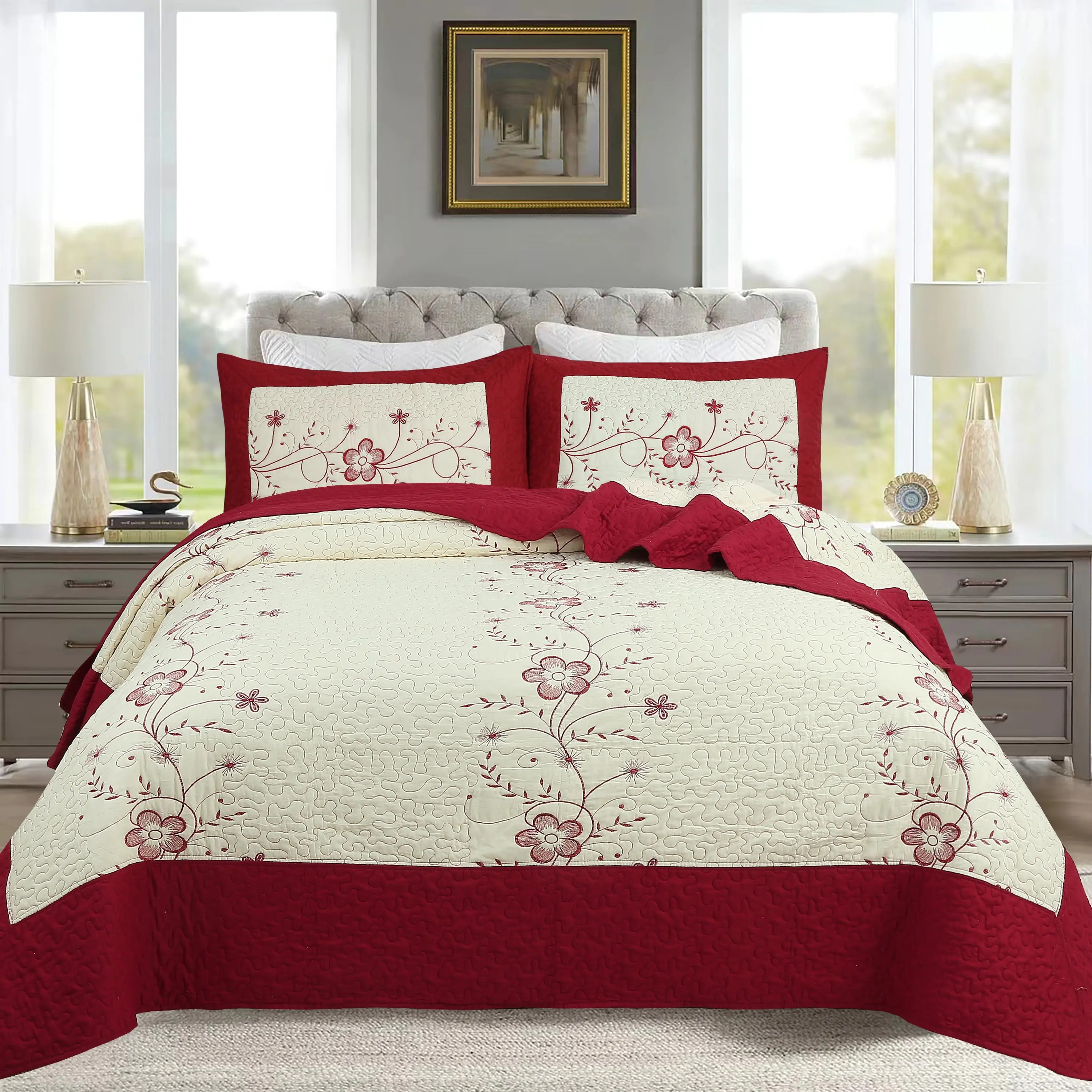 Queen Size Luxury 3-Pc Decorative Bedspread Set - Polyester Soft Decorative Bedding Set, Floral Embroidery, Scallop Edge, Wrinkle Resistant, Hygroscopic, Anti-Static, All Seasons, Hotel-Style for Bedroom Decor