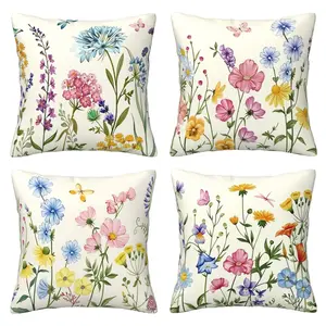 Spring and summer colorful flower pillow cover, garden flower green leaf farmhouse style cushion cover, home decoration sofa cushion cover, 4-piece set with double-sided printing