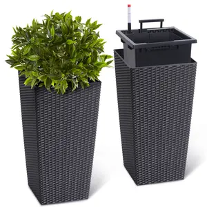 Rattan Planter Set of 2 Large Flower Pot with Water Level Monitor & Wheels, Outdoor and Indoor for Patio, Porch, Living Room, or Home Office