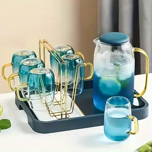 5PCS  Piece Glass Water Bottle and Cup Set Blue Elegant Luxury Drinkware with 1 Large Bottle and 4 Cups for Iced Tea Coffee Juice Dishwasher Safe