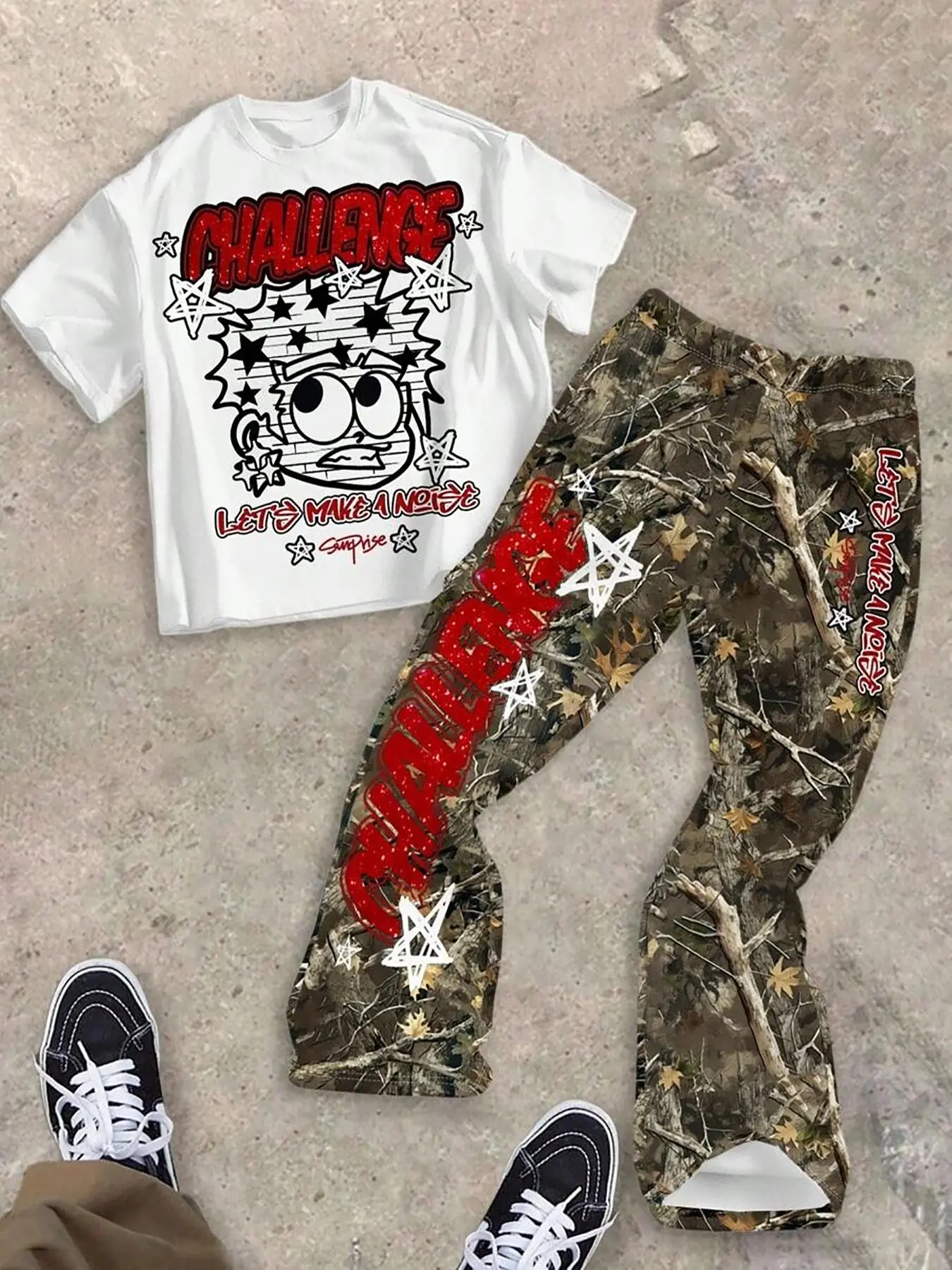 Teen Boy Maple Leaf Camo Sweatpants & Cartoon Tee Set, Summer Clothing Set, Husky Boy Clothes, Fashionable and Durable, Comfortable Fit, Ideal for Summer Casual Wear