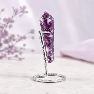 Premium Lepidolite (Purple Mica) Crystal Wand with Metal Display Stand - 1 Pc
