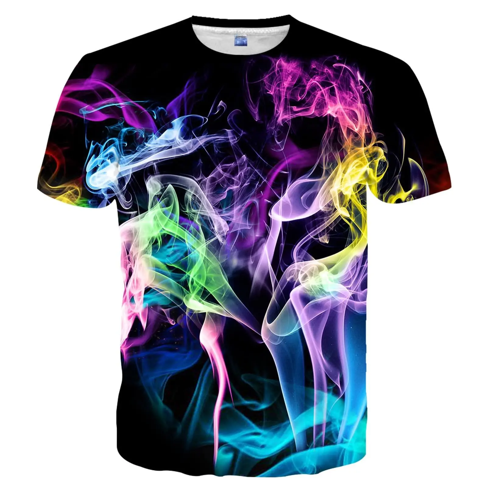 Women's Unisex Relaxed-Cut Short-Sleeve T-Shirt, 3D Multicolor Smoke Graphic Full-All Over Digital Print, Breathable Streetwear Top for Music Festivals, Fabric