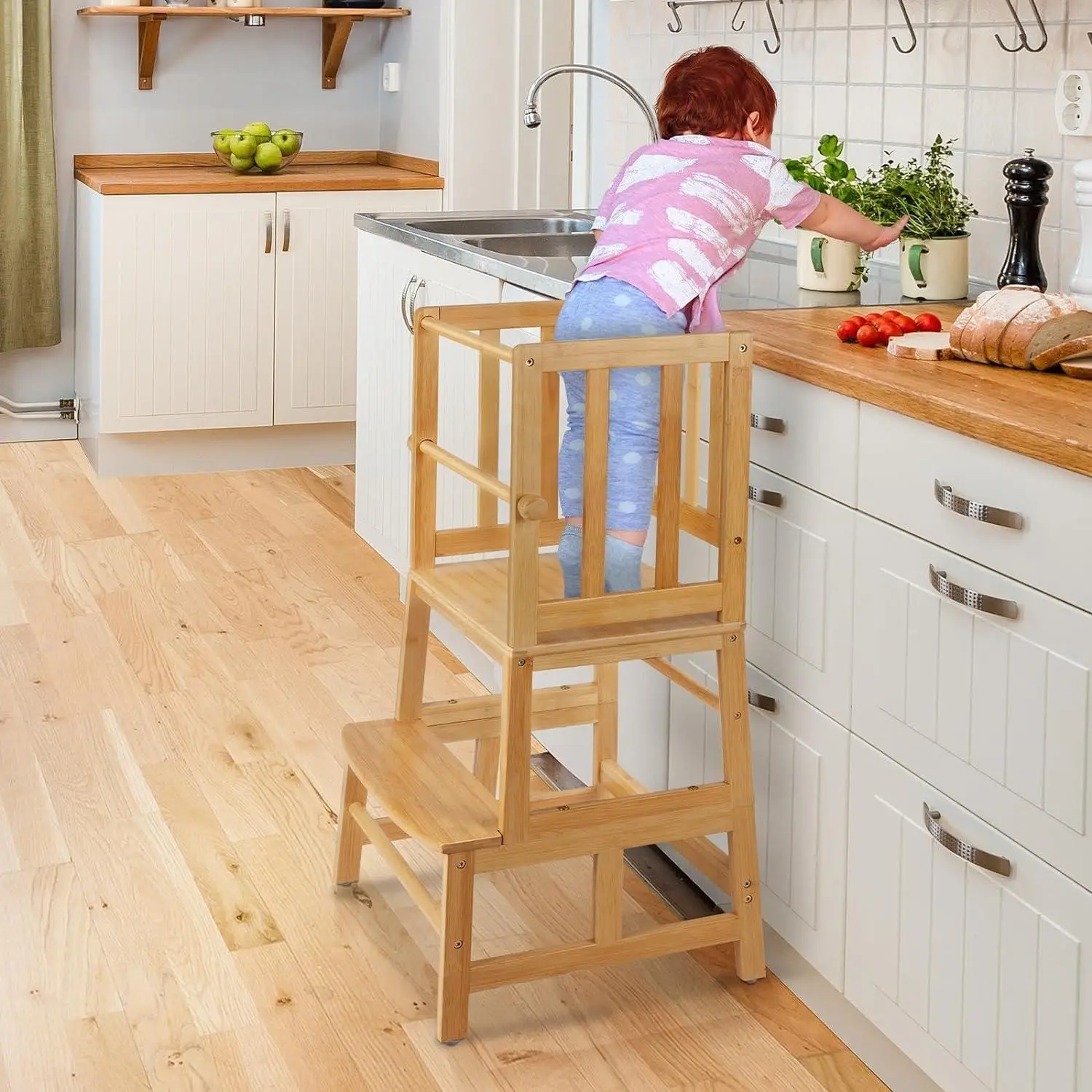 COSYLAND Kids Kitchen Step Stool, Natural Bamboo Toddler Standing Tower, Removable Anti-Drop Railing Safety Rail, More Stable Anti-tip Structure