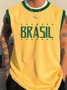 Men's Brazil Flag Print Tank Top, Regular Fit Casual Comfy Sleeveless Top for Summer, Men's Clothes for Daily Wear, Socks
