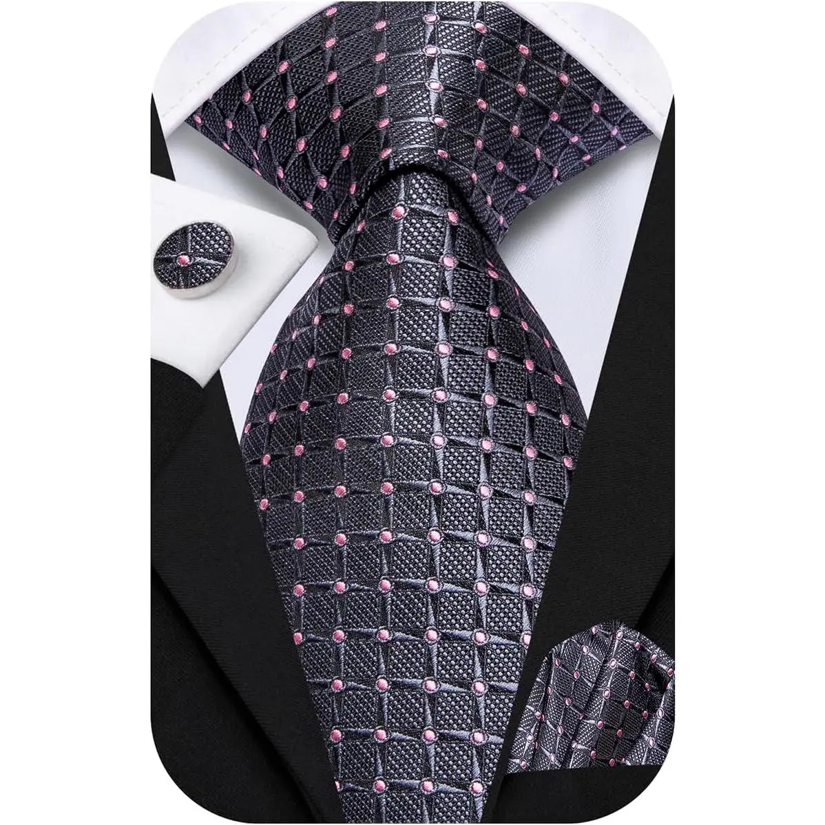 Durable Jacquard Silk Necktie for Men, 3-Piece Extra Long 70-Inch Set with Pocket Square & Cufflinks for Big and Tall, Formal Business Wedding, Elegant